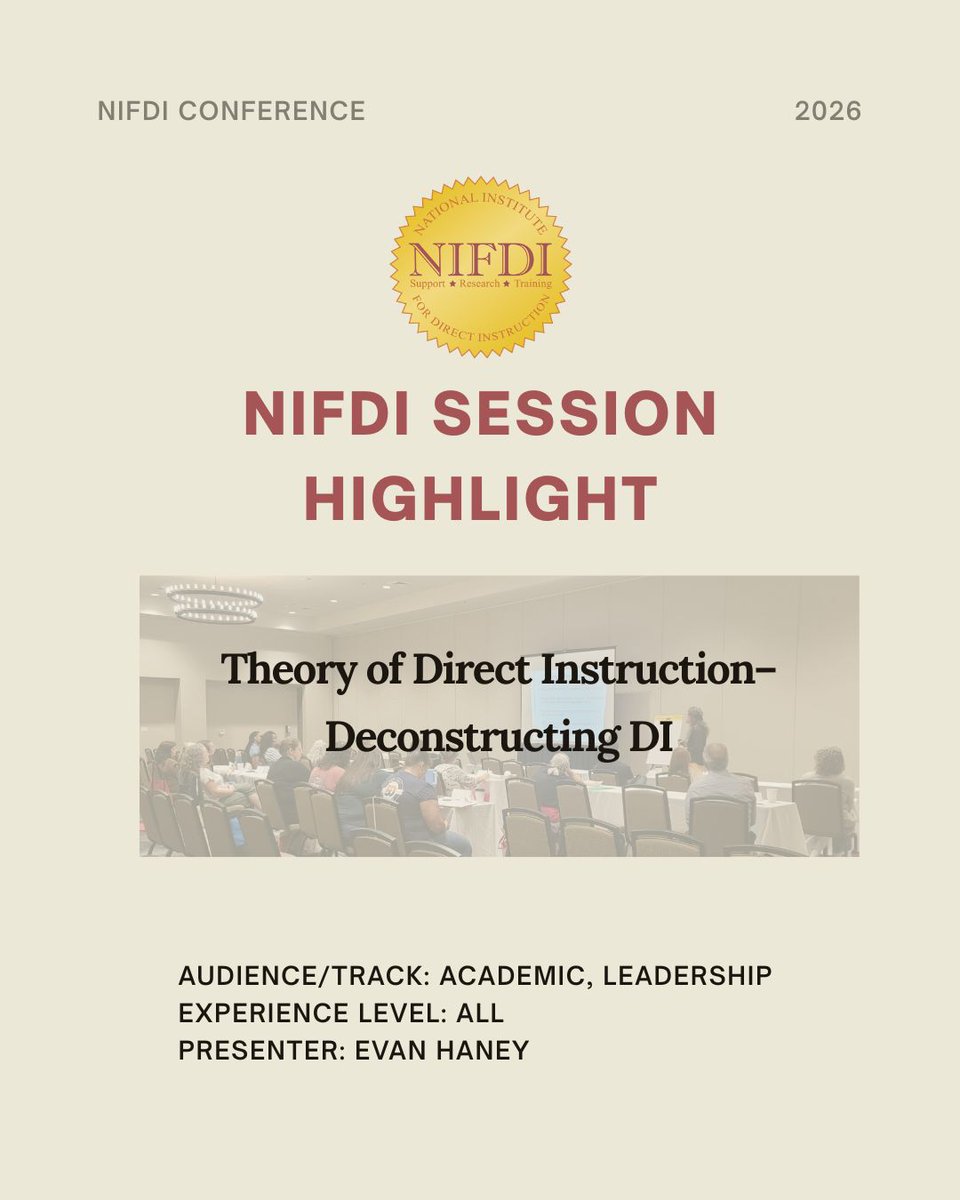 NIFDI's tweet photo. Join educators from across the country July 20–24 in Eugene, Oregon.
Session Name: Theory of Direct Instruction–Deconstructing DI

UPDATED SESSION! Beyond the superficial features of DI programs, there is a complex set of instructional design principles. https://t.co/uykGQkRtbz