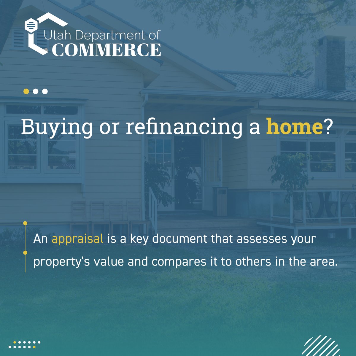 UtahCommerce's tweet photo. Buying or refinancing a home? An appraisal is a key document that assesses your property's value and compares it to others in the area. Learn more: https://t.co/Zki2pZYSVb https://t.co/HyhYLm5Ln9