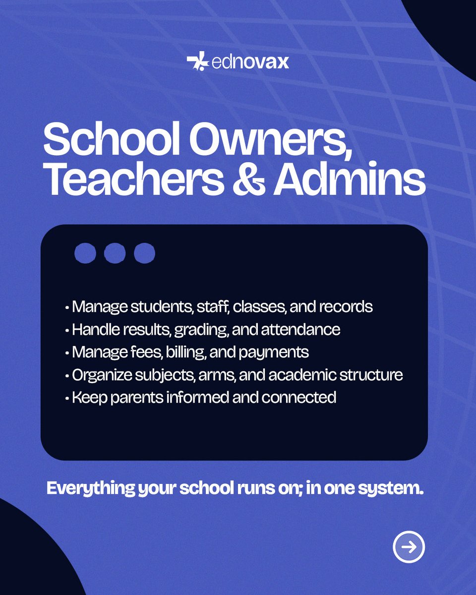 ednovaX's tweet photo. From school owners and admins to lecture houses, CBT centers, and students — ednovax is built to simplify how education runs and how learning happens.  

#ednovax #edtech #schoolmanagementsoftware https://t.co/Fxot7it2cP