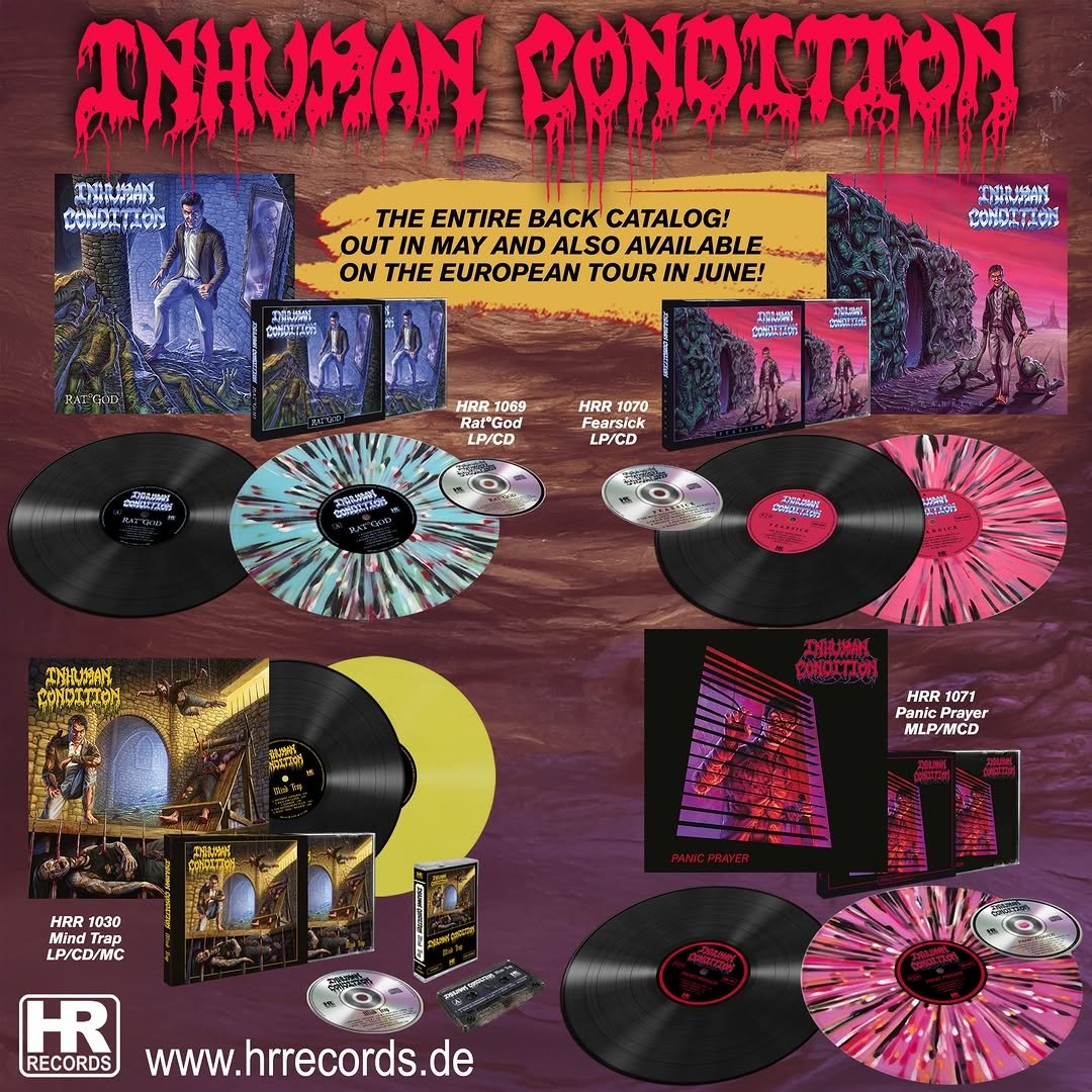 BandInhuman's tweet photo. On the occasion of our upcoming European tour, we've teamed up to re-issue the band's entire catalog. The first pressing of "Mind Trap" is still available too! The records will be available live from the band or at https://t.co/IB3KxX4TUw https://t.co/xY4kTdMqw9
