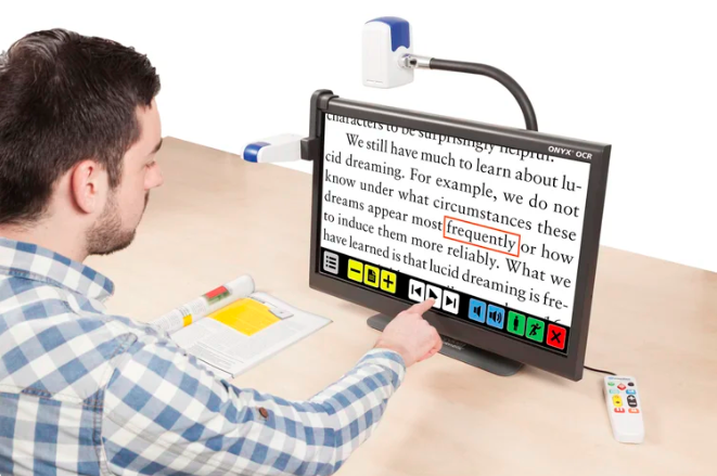 OptelecUK's tweet photo. Do your eyes feel tired after a long day of reading?

The ONYX OCR can help. It converts any printed document into clear, natural speech.

The Point &amp; Read feature makes this easy. Tap a paragraph or column to hear it read aloud.

Learn more here: https://t.co/G4tCoyLAfF https://t.co/V1Ws7Dkt1w