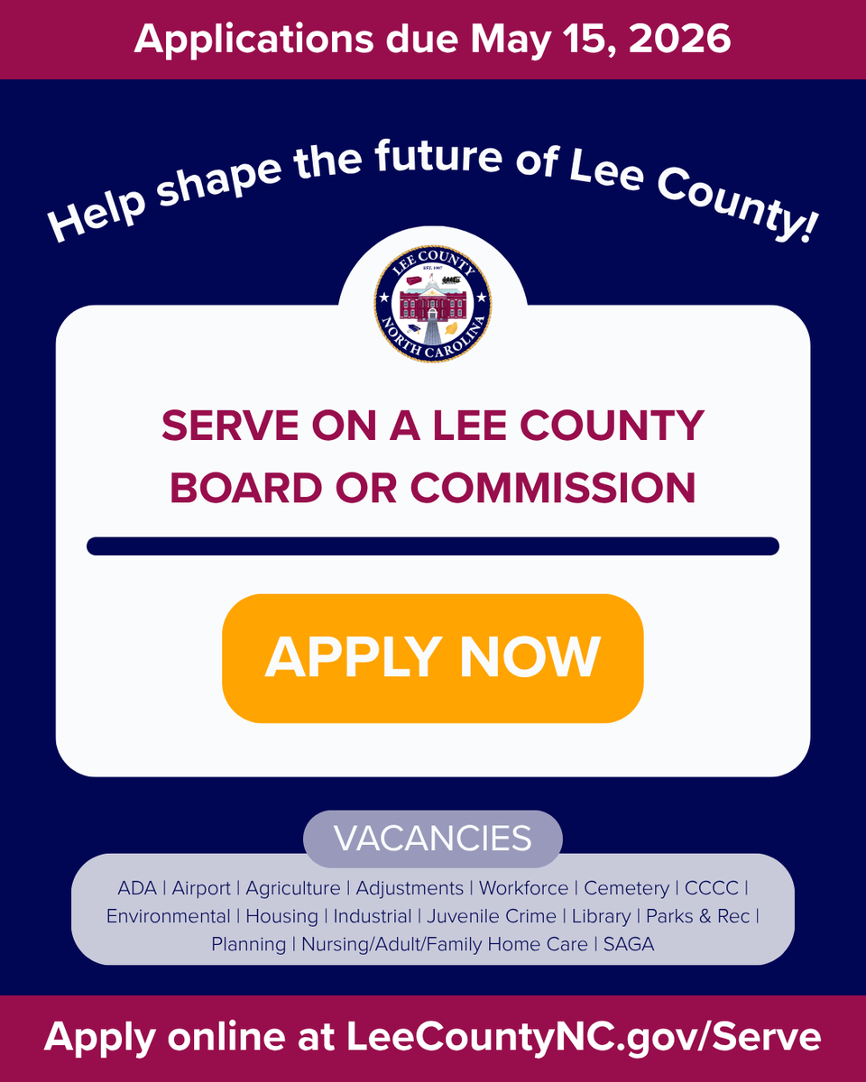 leecountync's tweet photo. Help shape the future of Lee County by serving on a board or commission! We are looking for residents to fill current and upcoming vacancies.

Applications are due May 15.

View all our boards &amp; commissions and submit your application on our website at https://t.co/AarPnyKaHn. https://t.co/ilah0i7jig