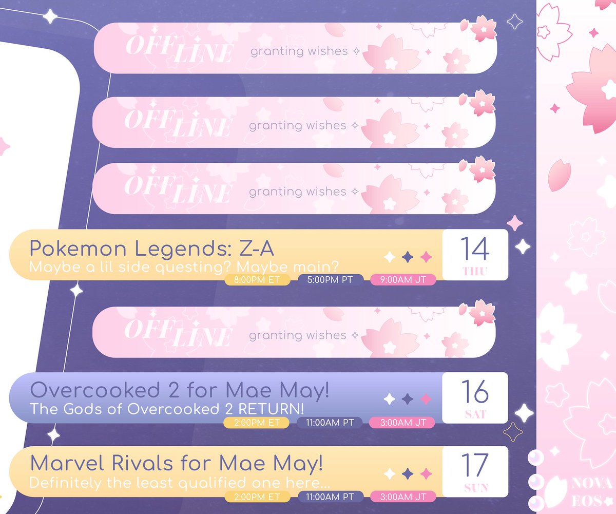 nova_eos's tweet photo. 🌟Weekly Schedule!🌸
[May 11 - May 17]

Back with PLZA this week! + Mae May kicks off today, so please be sure to support as much as you can &amp; check out Mae's goals &amp; rewards!

General: #novaeos
Live: #novALIVE
Art: #artNOVAeu
Meme: #novAHAHA
NSFW: #NOVA18
Fan Name: Starbits https://t.co/OISeHjsVbC