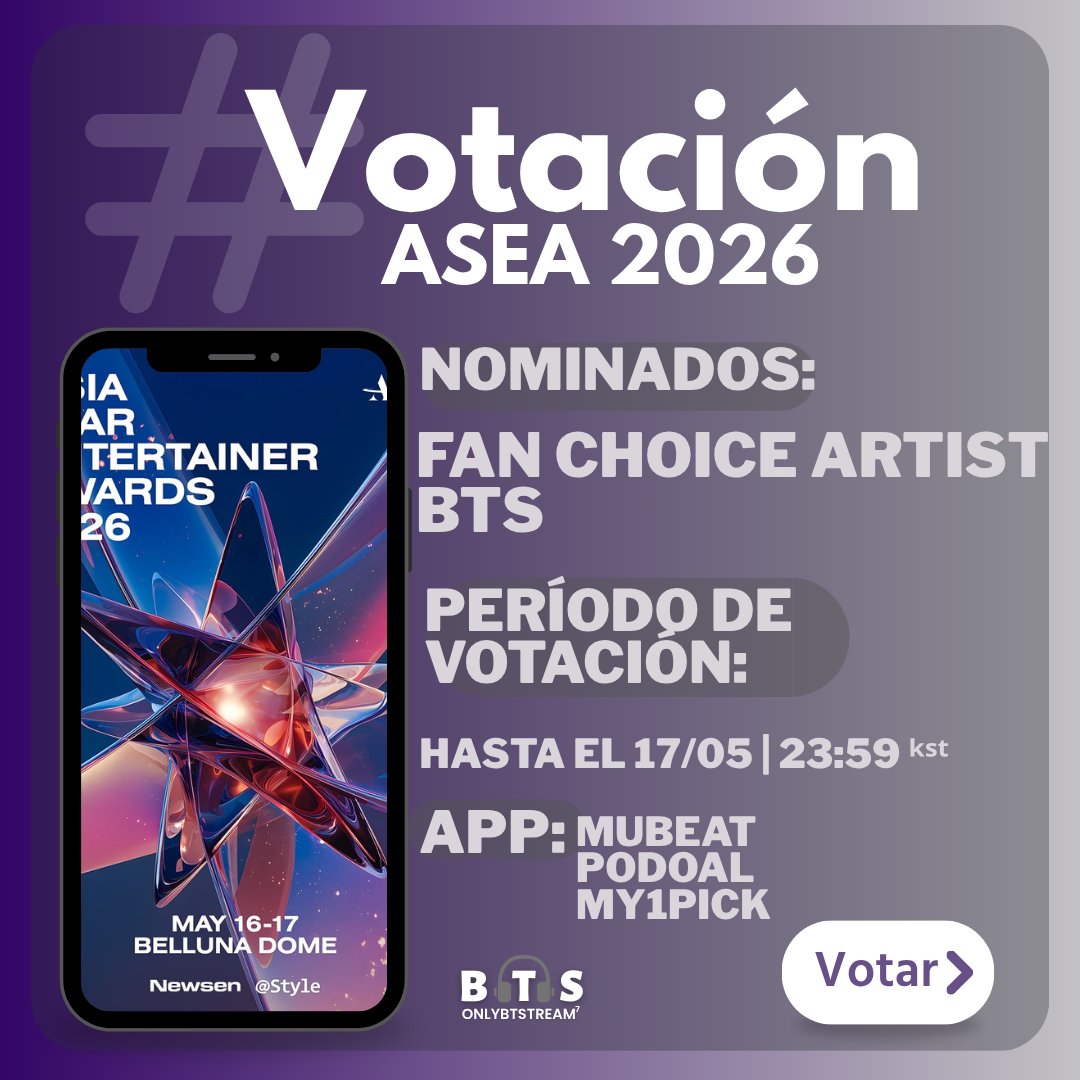 OnlyBTStream's tweet photo. 🗳️ | @BTS_twt se encuentra nominado en los (ASEA) Asia Star Entertainer Awards 2026.

Deja tus votos, e invita a más ARMY's a participar de la votación. 💫

📆 Finaliza: 17/05 • 23:59 ᵏˢᵗ
📲: Mubeat • My1pick • Podoal https://t.co/V904xyQy4w