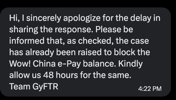 P_S_95's tweet photo. @GyftrIndia I have raised a complain that I am not able to redeem my coupon . you are responding that you are blocking the epay balance for wow china. What the hell is going on here? ??? @HDFC_Bank @HDFCBank_Cares  This coupon was purchased by through smartbuy
who is going to be responsible? https://t.co/vu2VBCW9p5
