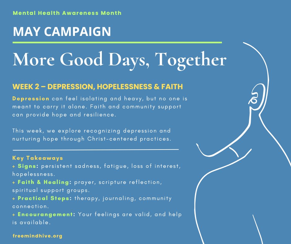FreeMindHive's tweet photo. Depression can feel isolating, but faith and community provide a bridge to hope. 🕊️

Signs to watch for:
❗️Persistent sadness/fatigue 
❗️Loss of interest 
❗️Hopelessness

Steps to healing:
✅Prayer &amp; scripture 
✅Therapy &amp; journaling 
✅Community connection https://t.co/HSo3HEXfsx