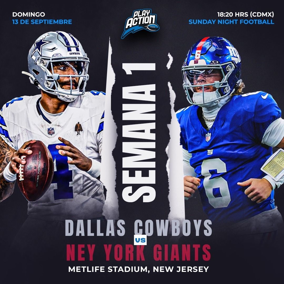 PlayActionMX_'s tweet photo. La NFL ha dado a conocer el primer juego de Domingo por la noche para la temporada 2026! 

🏈 Dallas Cowboys @ New York Giants
🏟️ MetLife Stadium
📌 Semana 1
🗓️ Domingo 13 de septiembre 2026
⏰ 18:20 horas (CdMx) https://t.co/oOYnJTvxz8