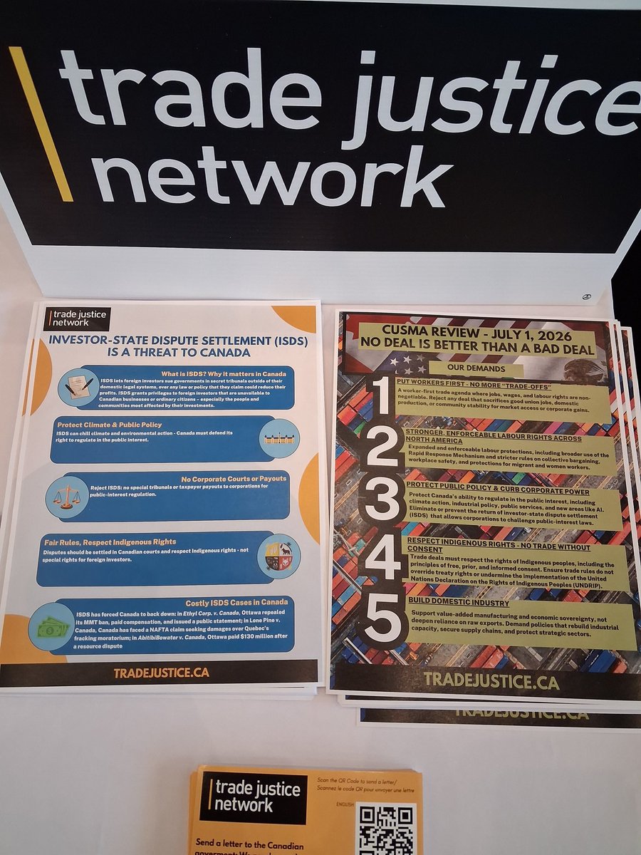 TradeJusticeNet's tweet photo. We are at #CLC2026 Stop by the CCPA table and grab some info about trade and the upcoming #CUSMA review! #canlab https://t.co/uPxyQYVyVu