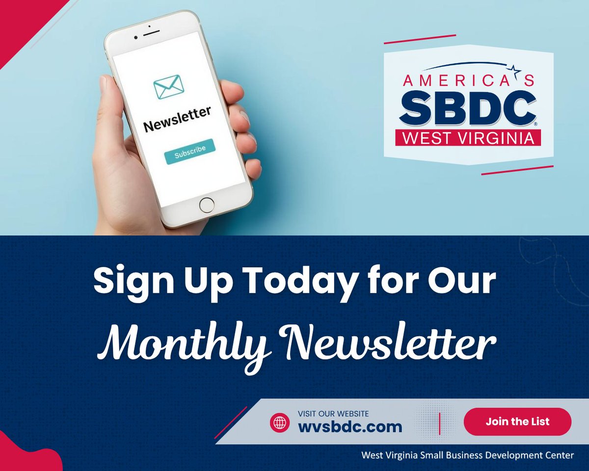 WVSBDC's tweet photo. For the latest updates from the West Virginia Small Business Development Center, including training opportunities, client success stories and more, sign up for our monthly newsletter!
👉https://t.co/6X73WJUZiz https://t.co/zKg94gd49E