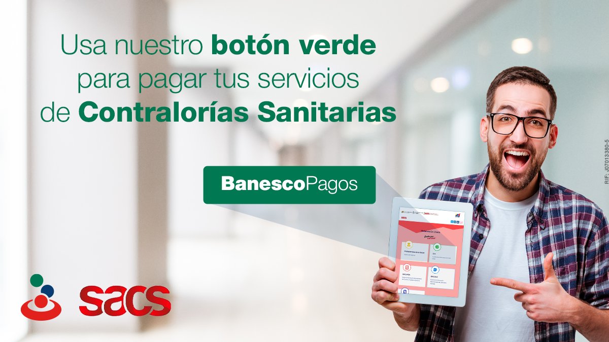 Banesco's tweet photo. Si requieres pagar los trámites del Servicio Autónomo de Contraloría Sanitaria #SACS, hazlo fácil, rápido y seguro desde su portal con #BanescoPagos

Conoce más sobre nuestro botón, ingresa en https://t.co/d3rXrnVKPH

#BanescoContigo https://t.co/5nTMTl5lpO