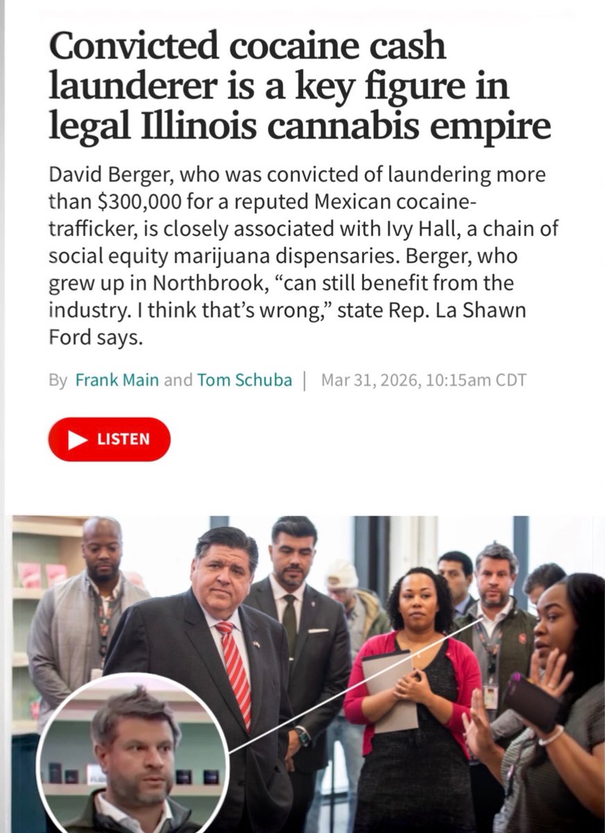 IlliniJen's tweet photo. Convicted cocaine cash launderer David Berger is a key figure in Ivy Hall cannabis, yet their big sign has been up since 2023 at the Fullerton ramp off the Kennedy Expressway through their Chicago Gateway Green sponsorship.

Pritzker, who recently posed with peacekeeper Kellen McMiller, now charged with murder in a deadly Mag Mile smash-and-grab, proudly stood with Berger at the Ivy Hall grand opening and hailed it as a huge success.

Ivy Hall was touted as the poster child of Illinois legal cannabis with prized licenses.

To this day, the man who laundered over $300,000 for a Mexican cartel remains central to their statewide chain.

They’re sponsoring this expressway garden to greenwash their image while advertising to 34,000 commuters daily.

This is @JBPritzker’s Illinois cannabis industry: cartel cash and cronyism sold as social equity.

(Middle photo via @Suntimes)