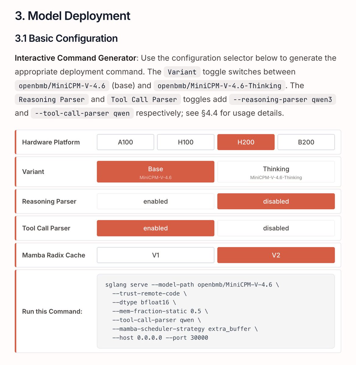 lmsysorg's tweet photo. 🎉 Meet MiniCPM-V 4.6 from @OpenBMB, a 1.3B edge-friendly multimodal LLM with superior efficiency. Day-0 support is now live in SGLang!
✅ Leading capability: scores 13 on Artificial Analysis Intelligence Index benchmark
✅ Strong multimodal: Matches Qwen3.5 2B-level capacity across 5 major VL benchmarks
✅ Ultra-efficient: 50%+ less visual FLOPs via LLaVA-UHD v4 and mixed 4x/16x visual token compression
✅ Mobile-ready: can be deployed across iOS, Android, and HarmonyOS
Cookbook: https://t.co/CbMwdLvYf3
Run it now with SGLang!