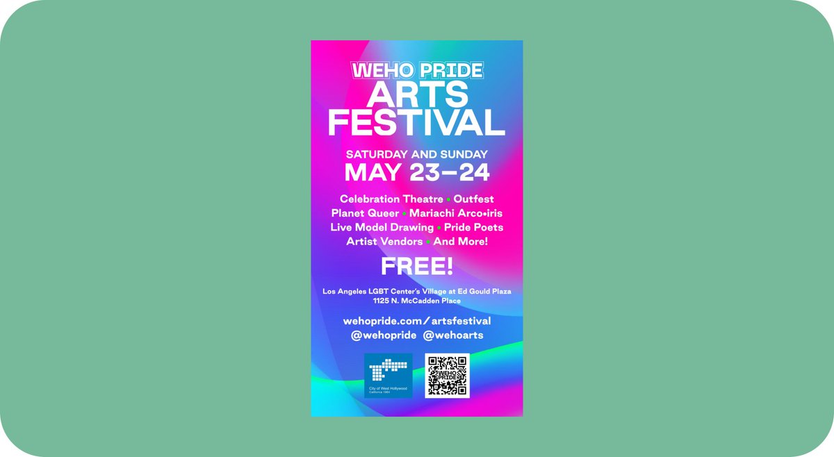 ourtownla's tweet photo. WeHo Pride Arts Festival May 23 &amp; 24 https://t.co/8FvbDKPWd2 More LGBT events at https://t.co/19HnsjVdOw Subscribe for weekly agendas via email. Like us on FB &amp; Follow on Twitter @ourtownla #lalgbt #nonprofit #ourtownla https://t.co/esRTdltcVL