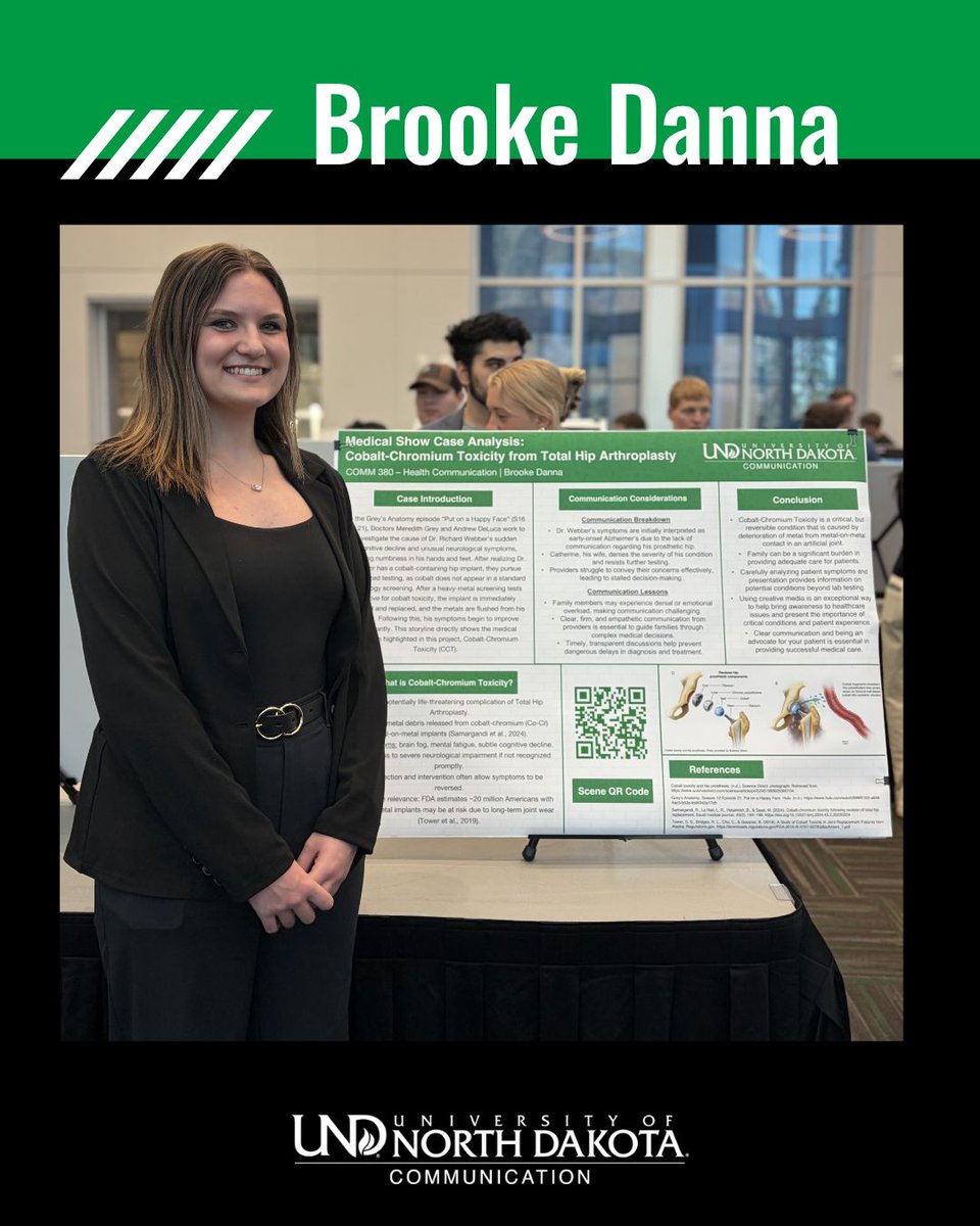 UNDCommDept's tweet photo. Two students presented projects from Dr. Gowan’s courses at the UND Undergraduate Showcase ! 👏

Brooke Danna (COMM 380) presented Cobalt-Chromium Toxicity from Total Hip Arthroplasty and Natalie Renalls (COMM 206) presented The Great Outdoors. #UNDproud #UNDcomm https://t.co/EH1wkC8J2W