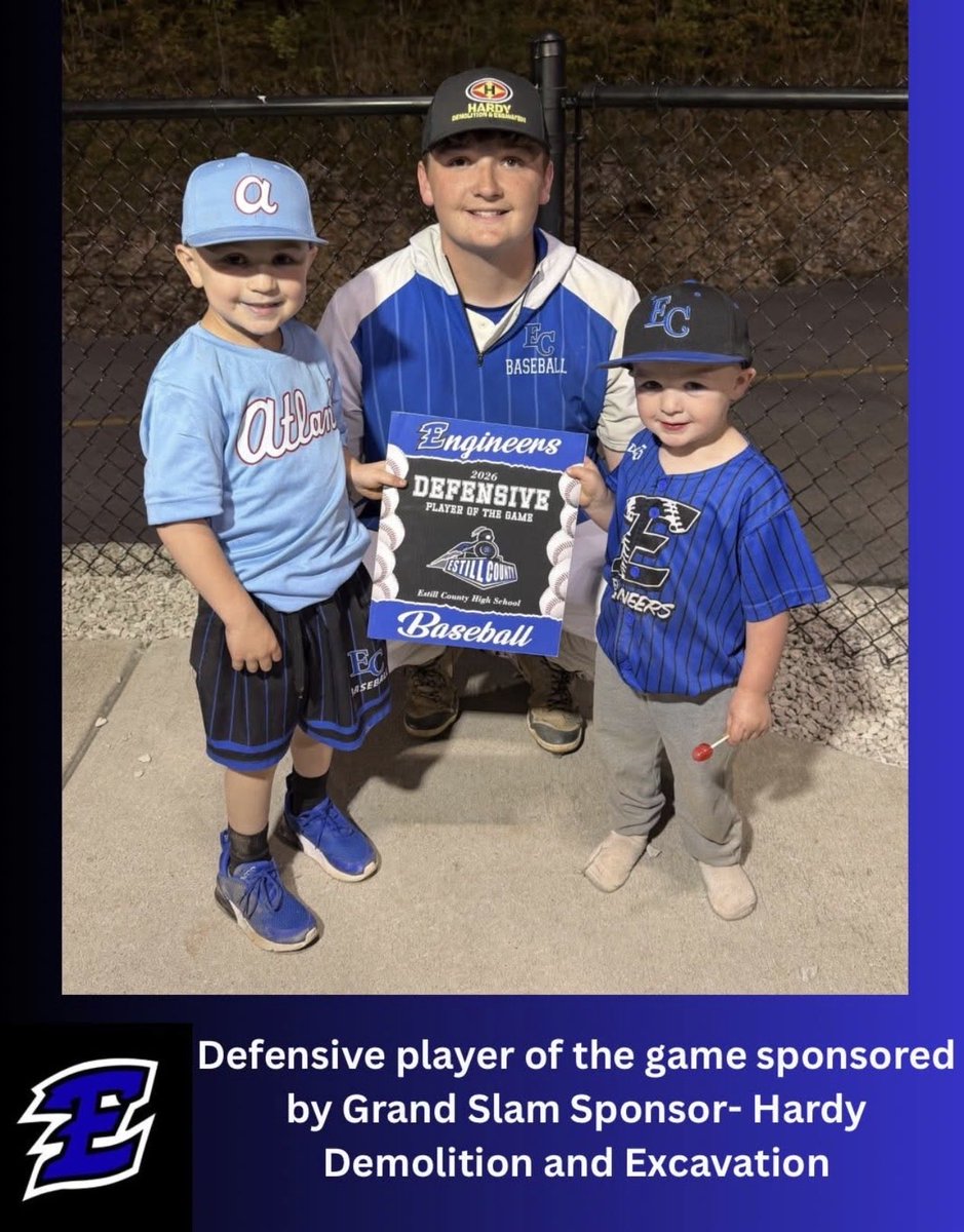 EstillBaseball's tweet photo. The Engineers fall 9-8 to Powell Co at Danny Wood Field.  Kooper Powell was the defensive player of the game for his glove in the field, including a diving play at 3rd.

Thank you to our grand slam sponsor Hardy Demolition and Excavation for sponsoring our player of the game! https://t.co/UxiifVuzfz