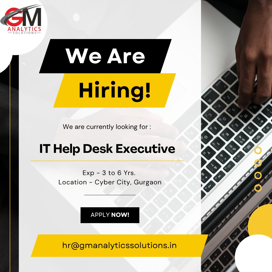 GMAnalyticsSol's tweet photo. Hiring IT Help Desk Executive. Send CV to hr@gmanalyticssolutions.in
Apply - https://t.co/M5F7GG89I7
#jobs #Career #healthcarejobs #Hiring #ushealthcare #jobseekers #GMAnalyticsSolutions #recruitment #jobseeker #hirings #hiringnow #gurgaon #jobposting https://t.co/8V1Uo3FuBc