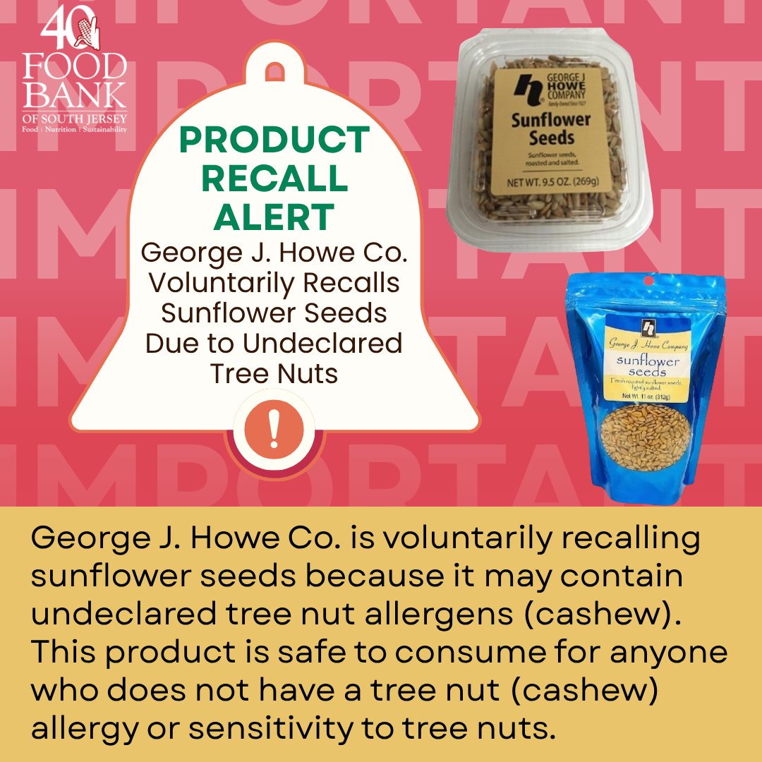 foodbankSJ's tweet photo. || ATTENTION || Please note these two recent voluntary recalls: 1) George J. Howe Co. is voluntarily recalling sunflower seeds as they may contain undeclared tree nut allergens (cashew). 2) John B. Sanfilippo & Son voluntarily recalls snack mix products due to possible health risk. For more information, including specific brand and product names, please review the following notices on the FDA's website: https://t.co/B1DqD5GIjz, https://t.co/yVXePbgEqm