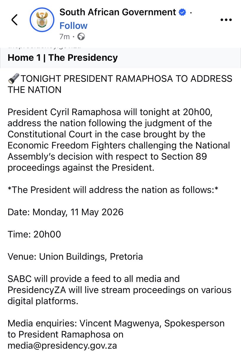 SAInsightNet's tweet photo. President Cyril Ramaphosa will address the nation tonight at 20:00 following the constitutional court judgement https://t.co/ilHhRrpMNg