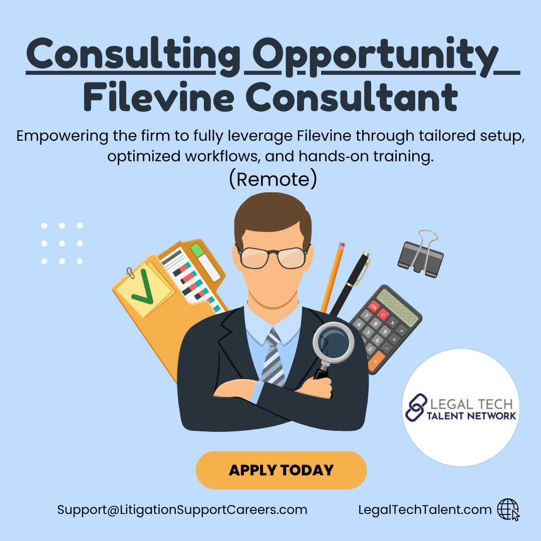 LegalTechTalent's tweet photo. 🚨 New gig alert! Filevine Consultant needed for an insurance defense firm — remote or LA, 3 months part-time, 1099.
2+ yrs Filevine exp required. Workflow config, training &amp; adoption focus.
Interested?: https://t.co/VWZNsJ9QB8

#Filevine #LegalTech #LegalOps https://t.co/Z0vWxvpMjL