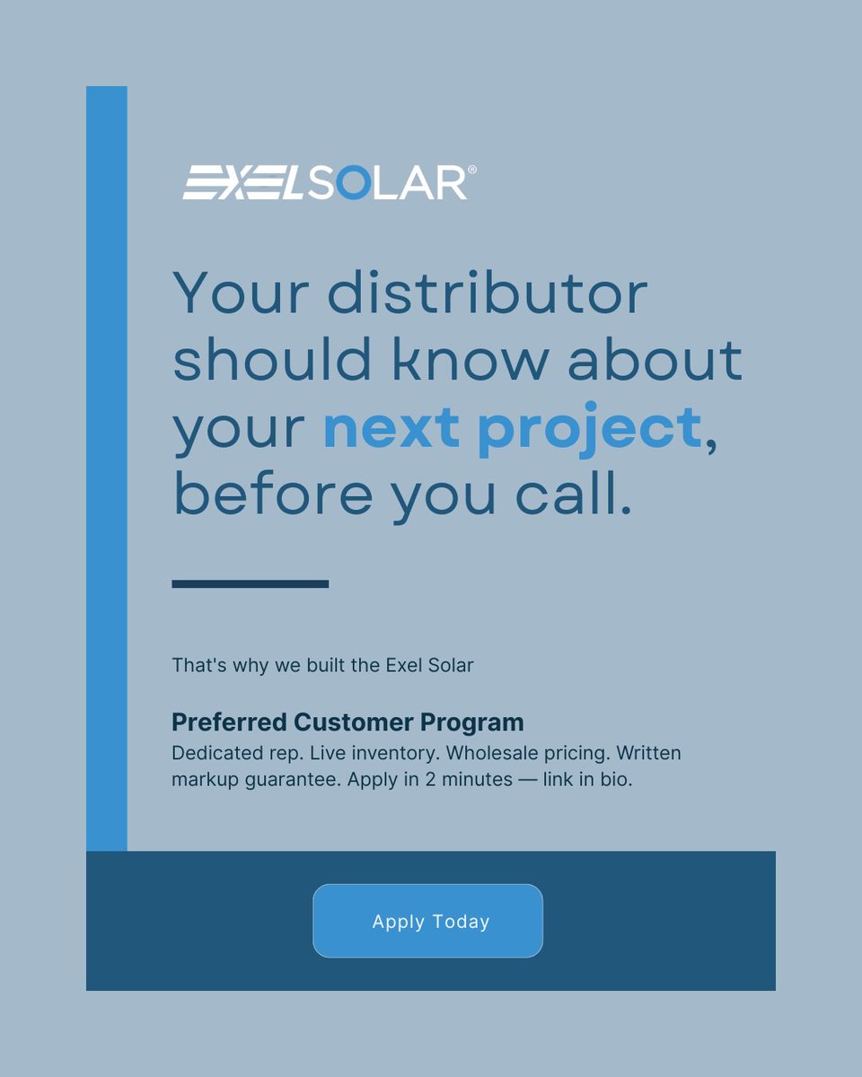 exelsolarus's tweet photo. Supply delays, inventory misses, last-minute price hunting are symptoms of the same issue: your distributor isn't planning with you, they're reacting to you. Become a Preferred Customer to work with a partner, not just a vendor.
https://t.co/r1hpPJCZvQ #solardistribution https://t.co/WGGgunHKAW