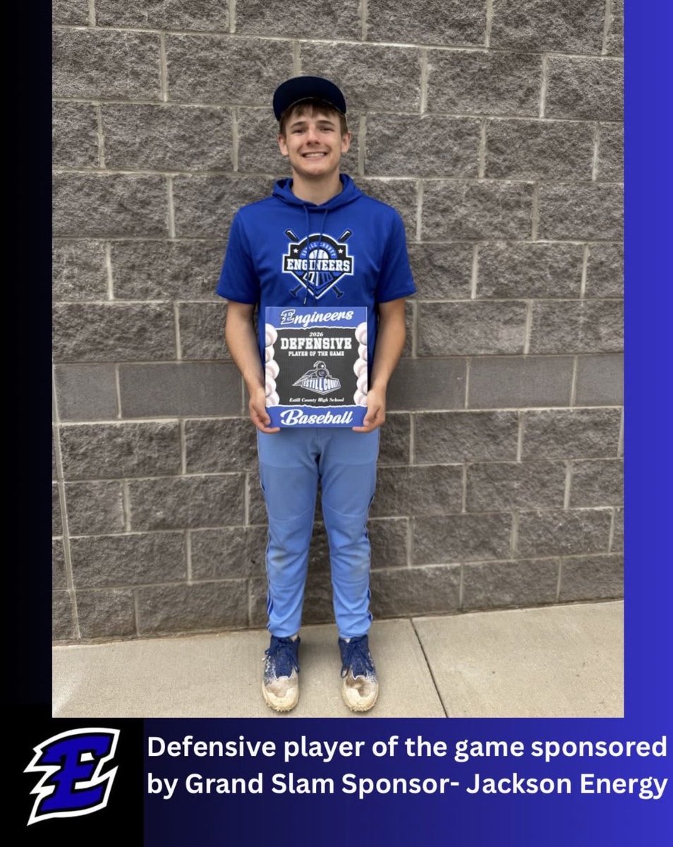 EstillBaseball's tweet photo. The Engineers win 10-0 today at Danny Wood Field vs. Garrard Co.  Kaden Conley was a co-defensive player of the game, combining for a 5 inning no-hitter.  Conley with 2IP, 0BB, 1K.

Thank you to our grand slam sponsor Jackson Energy for sponsoring our player of the game! https://t.co/5kQBGlaFOO
