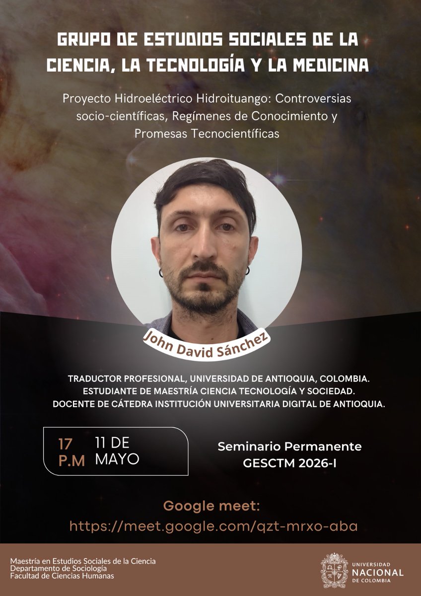 Gesctm's tweet photo. ⏰ Estimada #ComunidadUNAL: ¡Hoy a las 5:00 p.m. no se pierdan la séptima sesión del Seminario de Investigación Permanente del #GESCTM! 🧠

🔗https://t.co/yDpYlRY6nD

¡Los esperamos! 

#UNAL #CienciaYSociedad #SeminarioGESCTM https://t.co/bhl3NgiwrC