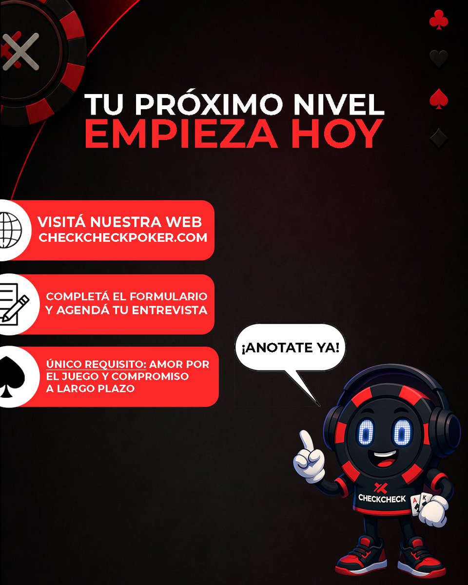 checkcheckpoker's tweet photo. 🚨 BÚSQUEDA DE JUGADORES
ABIERTA 🚨
.
En #CheckCheck estamos buscando jugadores de habla hispana que quieran profesionalizarse en #SPINS!
.
No importa si venis de MTT, Cash u otra modalidad.
.
📲 Postulate en nuestra web - https://t.co/DdHbaU9eIP https://t.co/qVb5I4ZOS7