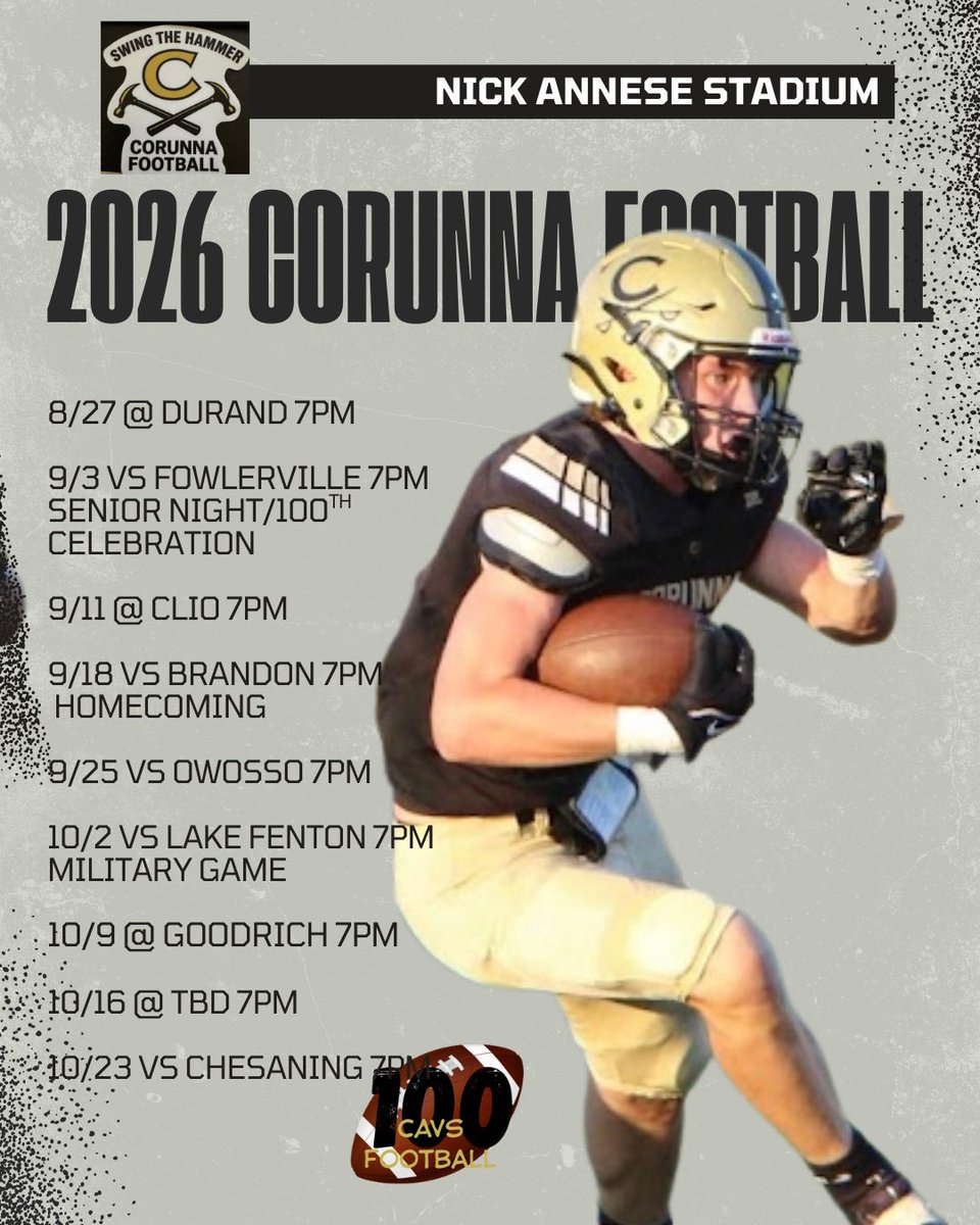 CorunnaCavsFB's tweet photo. As we near closer to the end of Spring Sports season here is our schedule for this upcoming season. We can’t wait to get back to The Nick under the lights! 👊🏻 #STH https://t.co/zLGiMgVhfF