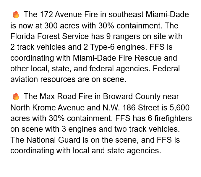 FLForestService's tweet photo. 🔥Pair of Wildfires Impacting South Florida🔥

Two fires that started over the weekend in South Florida are continuing to grow Monday as suppression efforts continue. Both fires are producing smoke that could lead to reduced visibility, but containment operations are increasing. https://t.co/cXRWMLjIeH