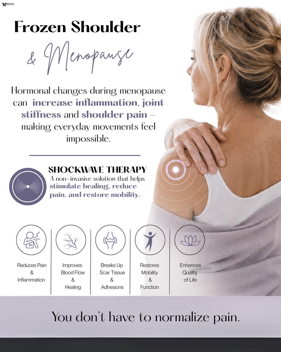 TheNovusCenter's tweet photo. Frozen shoulder during menopause is more common than most women realize. Hormonal changes can impact joints, inflammation, and mobility.

You don’t have to normalize this pain. ✨

#Menopause #FrozenShoulder #ShockwaveTherapy #WomensHealth #TheNovusCenter https://t.co/ZdX4xddUcP