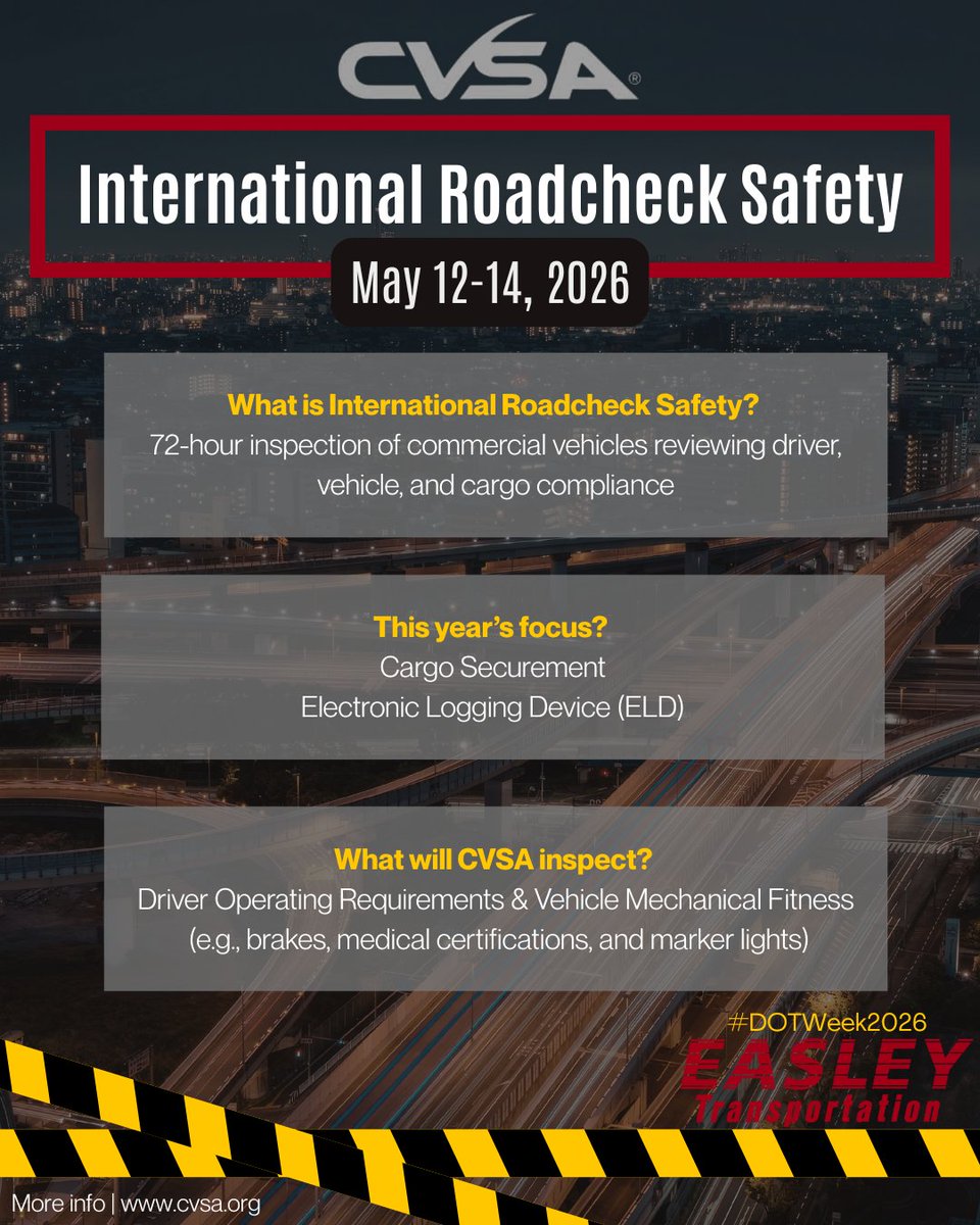 EasleyTransport's tweet photo. CVSA International Roadcheck Week is officially here. 🚨🚛

Safety never takes a day off at Easley Transportation. 
As a company, we are ready to show out on safety! Here’s to safe travels and clean inspections on every route. 
#CVSA #DOTWeek2026 #DOTBlitz #SafetyFirst #Trucking https://t.co/PwnhFXMHlJ