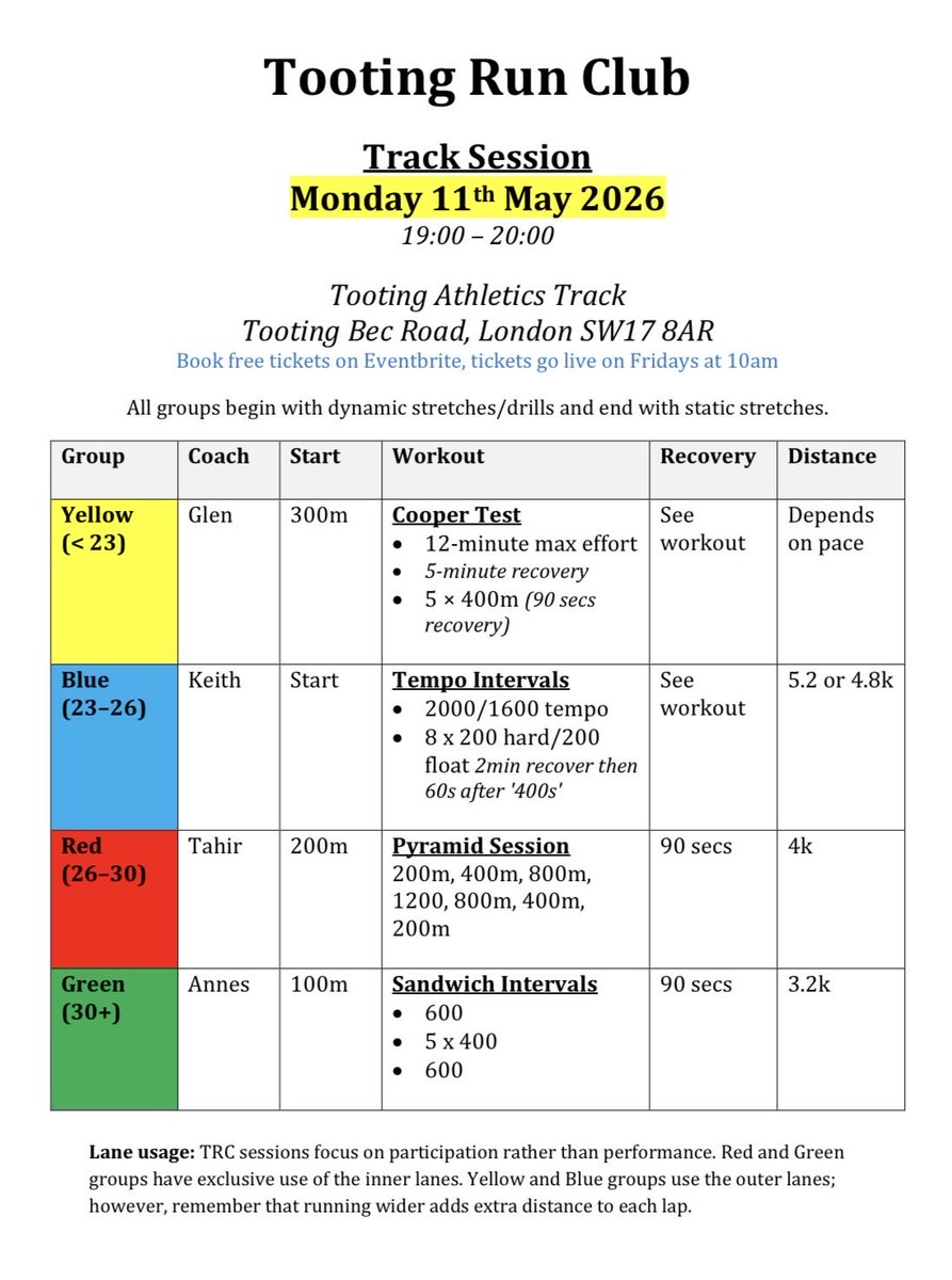 TootingRunClub's tweet photo. Whether you are joining us a yellow, blue, red or green for tonight’s track session, please arrive on time for a 7pm start (doors open at 6:30pm).

And our lovely friends from Tenzing will be down this evening so grab a can (first come, first served 💅🏽) https://t.co/gKnQFhXCjs
