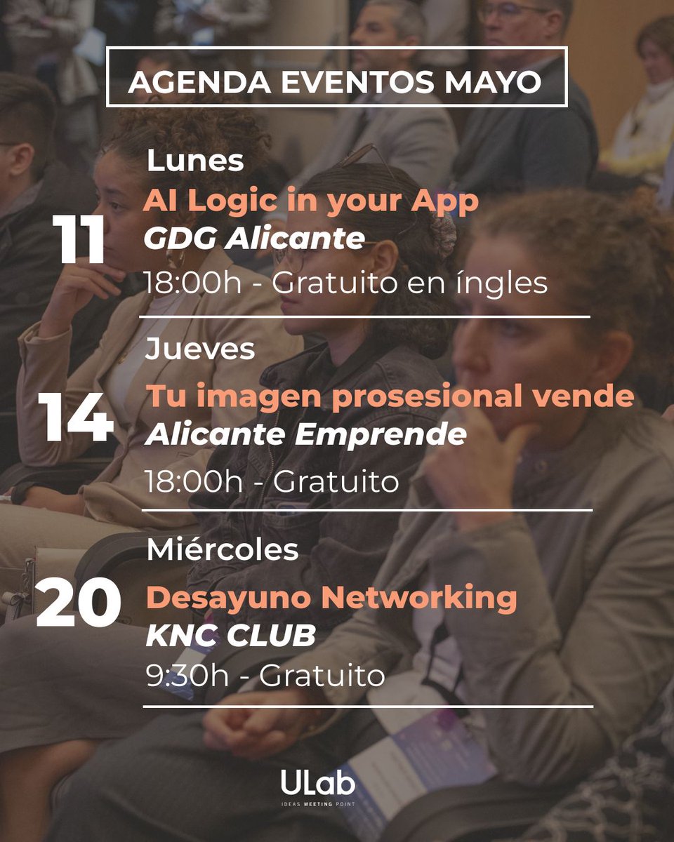 ULab_es's tweet photo. ¿Aún no sabes todo lo que pasa en ULab este mes?🤫
Mayo viene cargado de motivos para que salgas de casa y te conectes con la comunidad más pro de Alicante.
-Tecnología
-Branding
-Networking real
El ambiente ya está listo, solo faltas tú.🚀 
#Alicante #events #networking #ULab https://t.co/y9lYCEcrpq