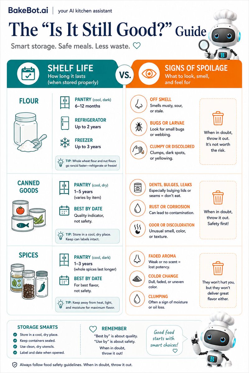 bakespace's tweet photo. There's a reason you're throwing out food you didn't have to. Welcome to the BakeBot School for Home Cooks 🍳

Today's Class 👉 The "Is It Still Good?" Guide

Shelf life. Spoilage signs. Less waste. Smarter kitchen.

Follow for more or go try https://t.co/rQE5LKFfBH, it's free! It's our new Kitchen assistant (on every BakeSpace recipe and our new app). 

#bakebot #cooking #culinaryarts #SmartKitchen #recipes #food #foodie #infographicdesign #kitchenhacks #KitchenEssentials #baking #Bakespace