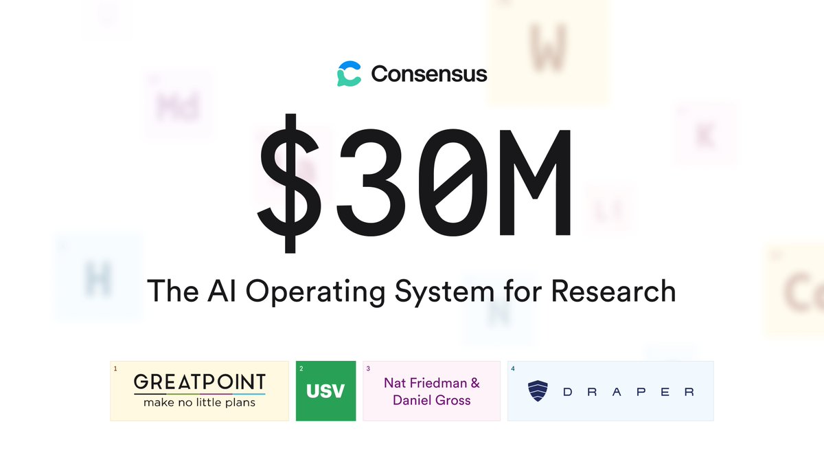 aakashadesara's tweet photo. Grateful for the partners betting on what comes next!

Consensus started as the best way to find the best research, but the next phase is so much bigger than that. Wait until you see what we're shipping this week 🧬🔬🚀 https://t.co/pGHnlJigQl