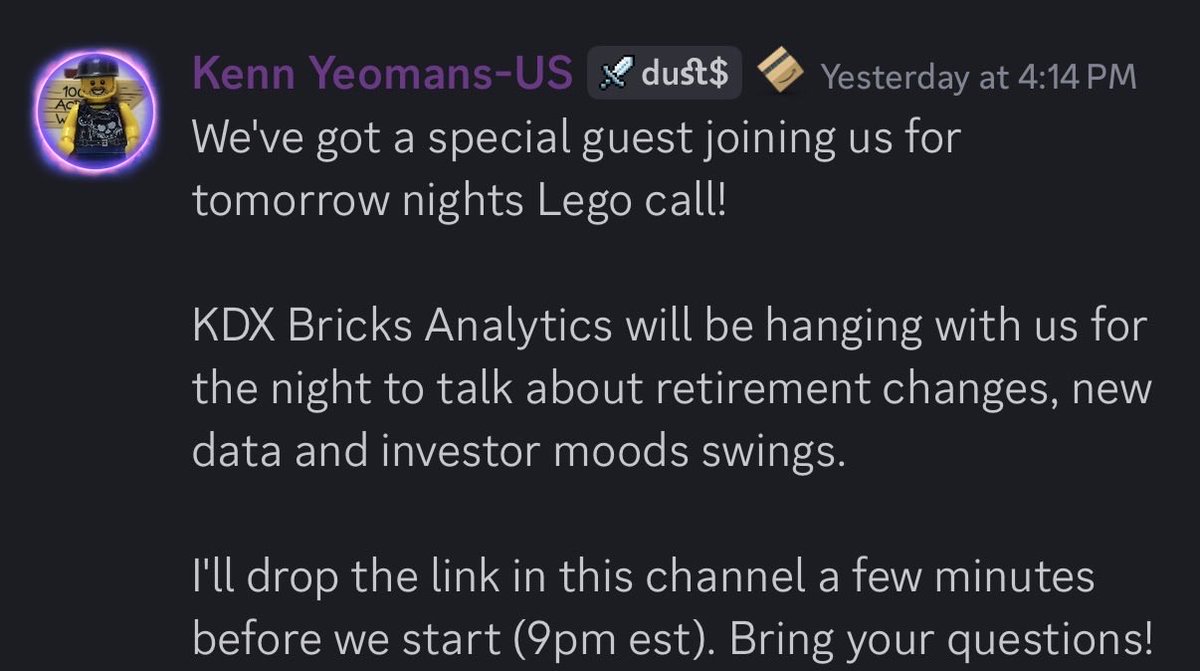 BrickDynasty's tweet photo. The most important prep for LEGO happens in the off-season. Our Monday group calls have focused on deeper dives into each theme and which sets have potential to be winners this year

Tonight we have a special guest to help determine investor sentiment. Come check us out in TBB ⬇️ https://t.co/xDvkfsiTGW