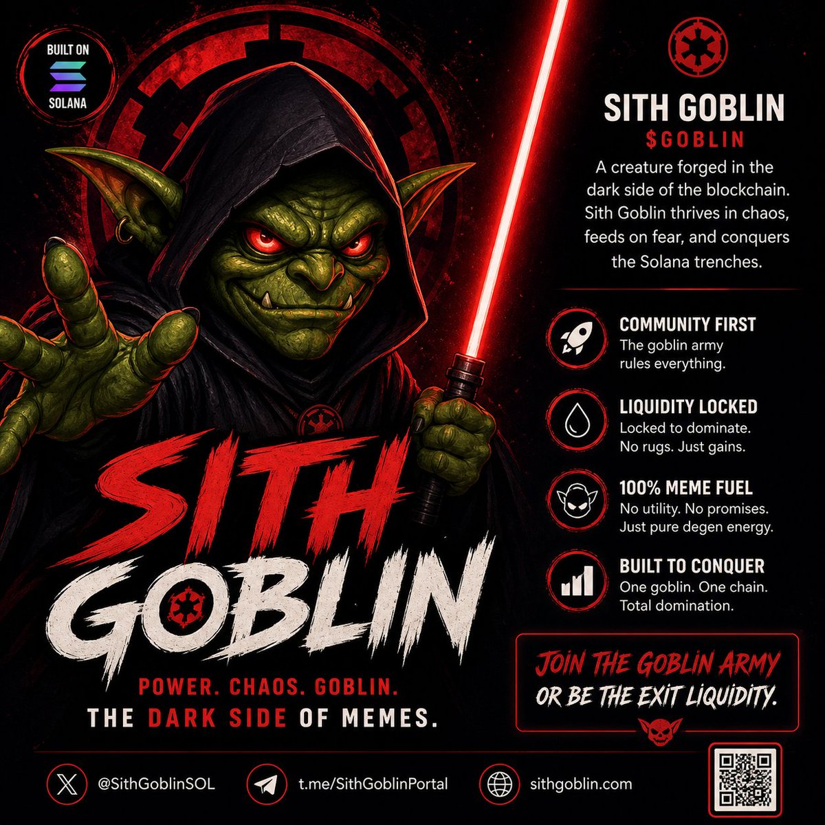Darkhacker167's tweet photo. SITH GOBLIN IS ABOUT TO LAUNCH ON https://t.co/udnjkSAQqI The dark side of Solana is awakening.From the trenches of pure chaos rises SITH GOBLIN — green menace, red eyes glowing, lightsaber blazing. No rugs. No fake utility. Just 100% degen meme energy.POWER. CHAOS. GOBLIN.
The dark side of memes has arrived.GET READY — bonding curve starts soon.$GOBLIN
https://t.co/15Qggp9SxA link dropping in minutes Join the Goblin Army or become exit liquidity Links:
• Telegram: https://t.co/kihVwnCZ6S
• X: @SithGoblinSOL

• Web: https://t.co/WzJ8HfsNdG#SithGoblin #PumpFun #SolanaMemes #GoblinSeason
