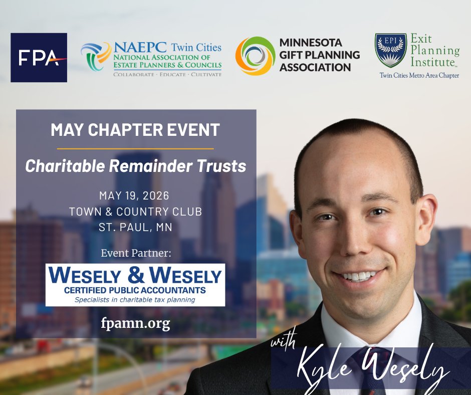 FPAofMN's tweet photo. Register to join us for the FPA of MN May Chapter Event: Charitable Remainder Trusts, co-hosted with Minnesota Gift Planning Association, Twin Cities Estate Planning Council, and EPI Twin Cities Chapter.

📅 Tuesday, May 19, 2026
📍 St. Paul, MN
➡ https://t.co/dhVTl8vWrK https://t.co/wlHG2lK7iQ