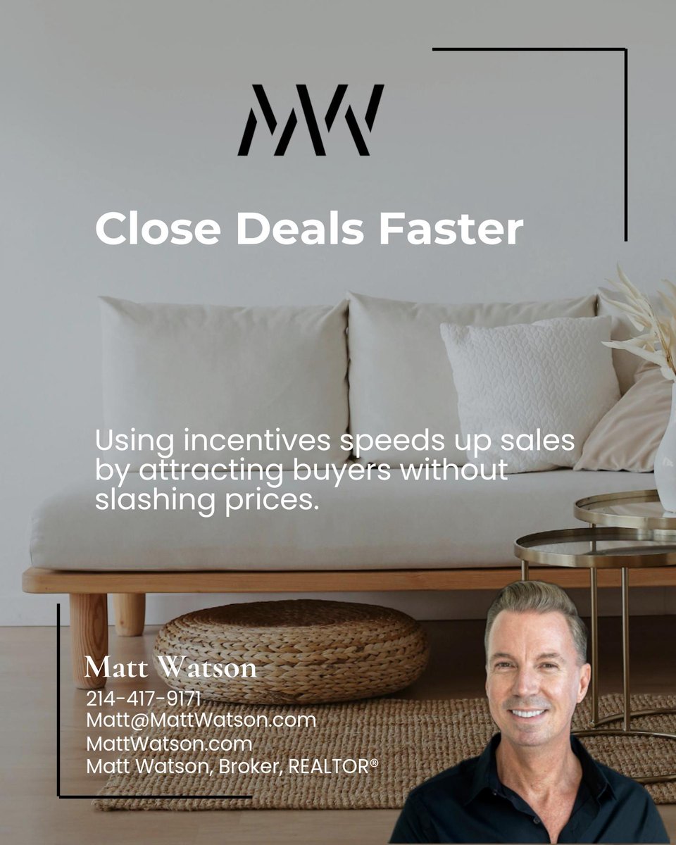 MattWatsonCom's tweet photo. In Dallas right now, smart sellers use buyer incentives like rate buydowns instead of just lowering price, this preserves value and moves deals faster. Would you choose incentives or a price drop? https://t.co/LBVQR3hj0Q