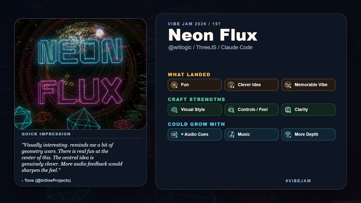 InOneProjects's tweet photo. Neon Flux @witlogic:

Visually interesting. reminds me a bit of geometry wars. There is real fun at the center of this. The central idea is genuinely clever. More audio feedback would sharpen the feel. https://t.co/XS6RFTAJtM