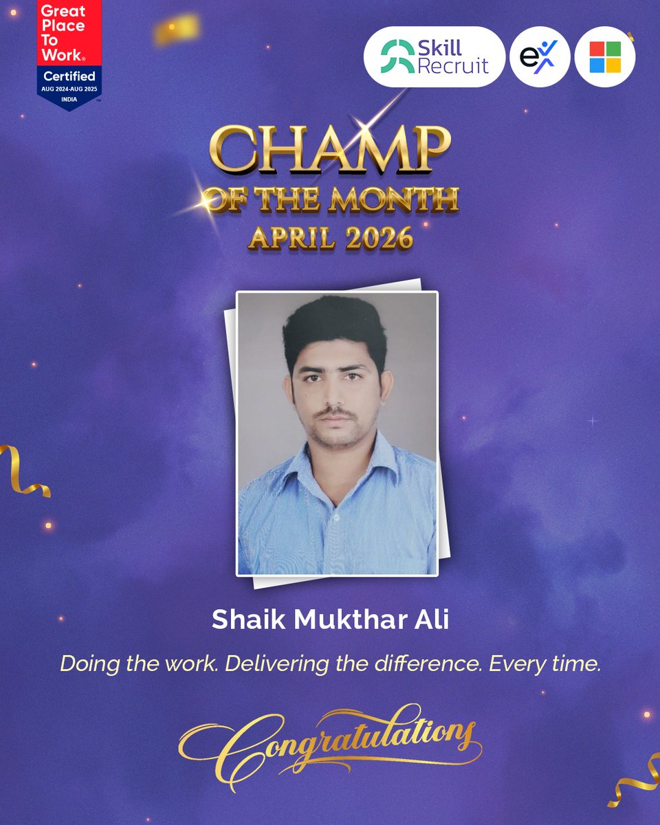 SkillRecruit's tweet photo. Success is in the details, and Shaik Mukthar Ali masters them all.

Mukthar is officially a Champ of the Month for April 2026 for his unique ability to not just do the work, but to make sure the work matters.

Congratulations, Shaik, on this well-deserved recognition! https://t.co/CYHX9f022r
