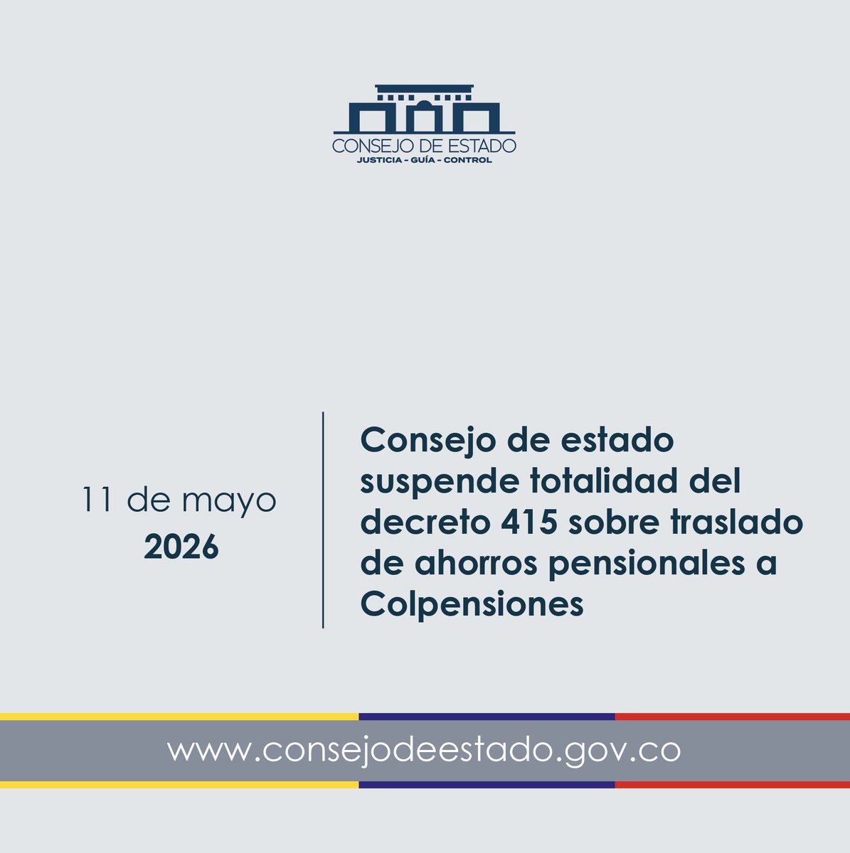 consejodeestado's tweet photo. 📜Consejo de estado suspende totalidad del decreto 415 sobre traslado de ahorros pensionales a Colpensiones

➡️Ver comunicado:
https://t.co/WTGd85Sqvu
➡️Ver auto:
https://t.co/zrZFTALZTX https://t.co/HSIcJNRoFr