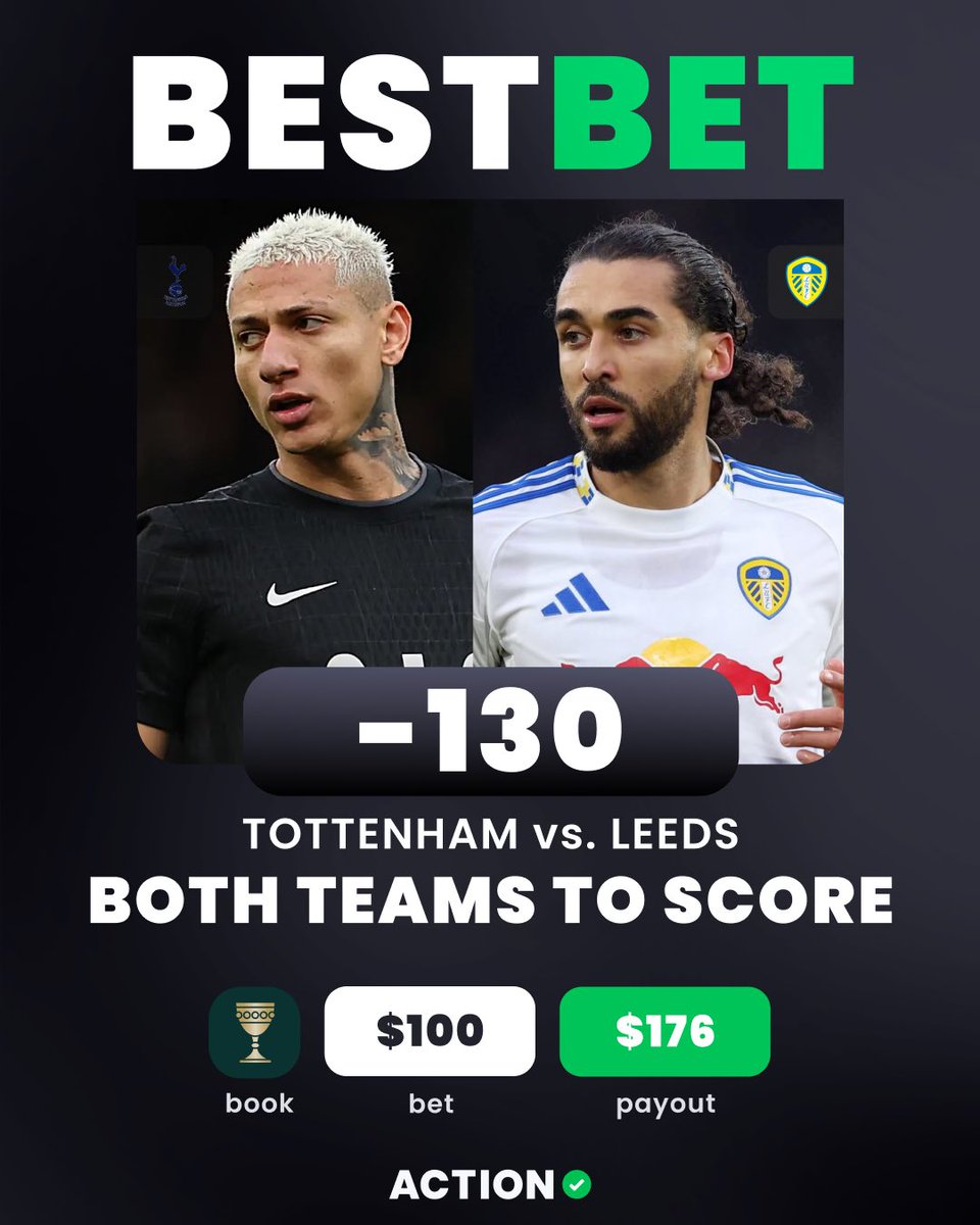 ActionNetworkHQ's tweet photo. ⚽️ TOTTENHAM vs LEEDS EPL BEST BET

🔥 BOTH TEAMS TO SCORE
👇 Add Directly To Your Betslip
https://t.co/tSusomYkMk

🗣️ "Tottenham have finally found some momentum, winning their last two matches to climb just outside the relegation zone. However, their struggles at Tottenham Hotspur Stadium are profound and cannot be ignored. Spurs have managed just two home wins all season and are currently on a nine-game winless streak in their own building. Critically for our Tottenham vs Leeds pick, eight of those nine matches saw both teams score. Goals have been a consistent theme in North London, with 12 of Tottenham's 17 home fixtures featuring goals from both sides. Leeds, meanwhile, travels with confidence and no relegation pressure. They have conceded 31 goals in 17 away matches, and 11 of those games have seen both teams find the scoresheet. This trend extends to their head-to-head history, where four of the last five encounters have resulted in both teams scoring." -@ActionNetworkHQ