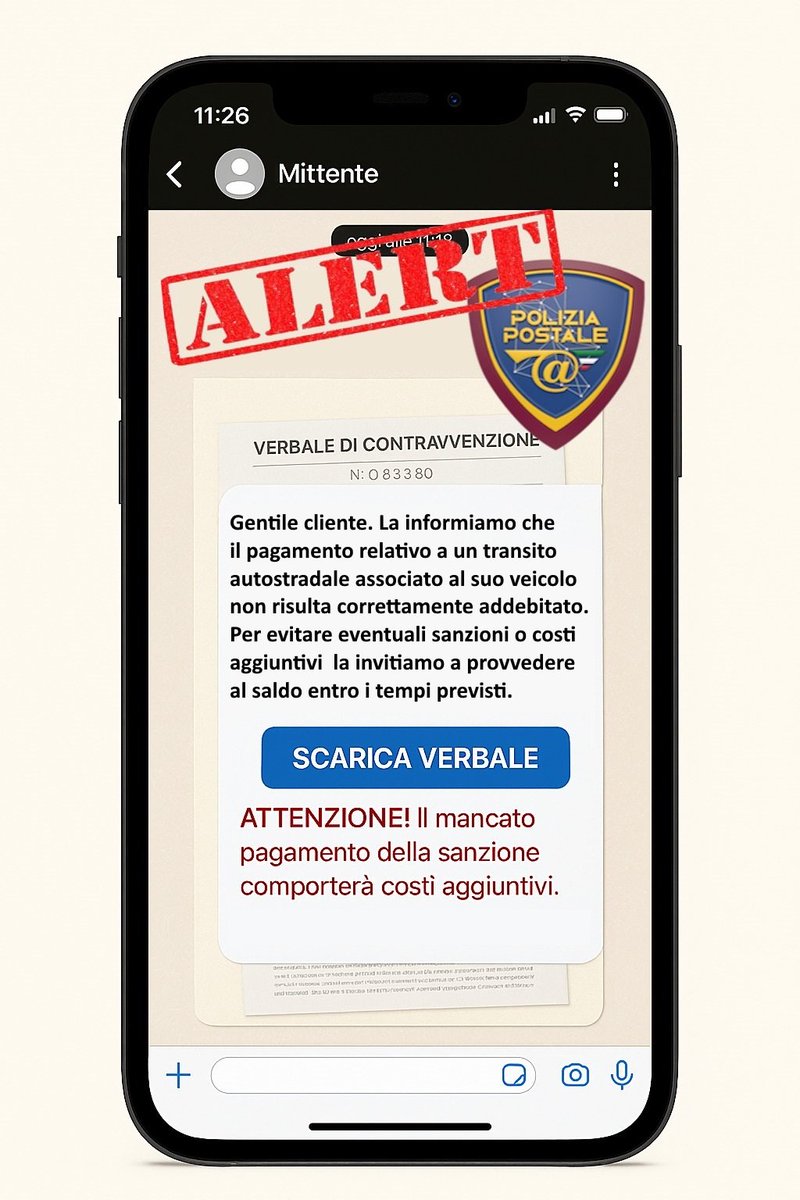 commissariatops's tweet photo. NUOVA TRUFFA WHATSAPP SU PRESUNTI MANCATI PAGAMENTI AUTOSTRADALI 
È stata segnalata una nuova truffa veicolata tramite WhatsApp, che coinvolge falsi messaggi attribuiti ad Autostrade per l’Italia. 
👇👇👇
https://t.co/FNoVaeoZKo https://t.co/kQNooaiLry