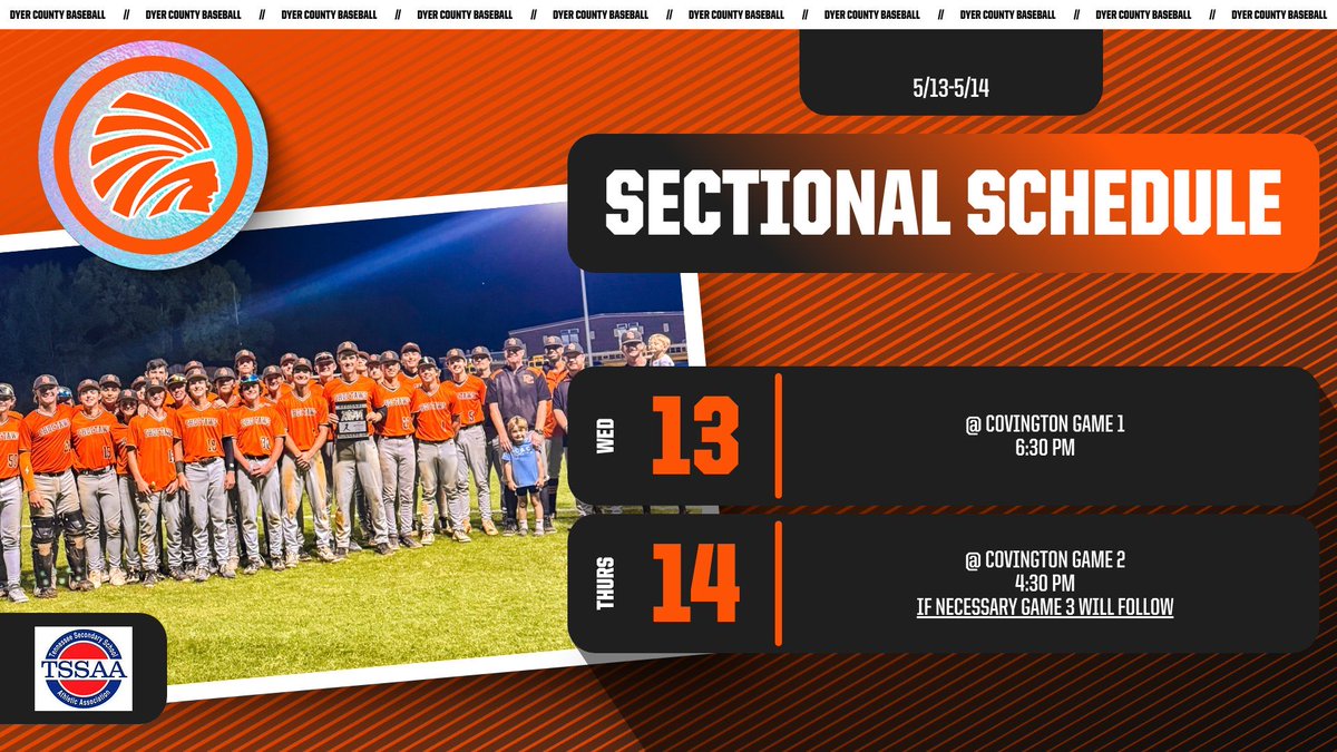 DyerCoBaseball's tweet photo. Your Choctaws will take on Covington in a three game series this week for a chance at advancing to the TSSAA State Tournament! 

Game 1 - May 13th, 6:30 PM
Game 2 - May 14, 4:30 PM
Game 3 - if necessary will follow immediately after Game 2.

📍 Covington High School

#TRIBE4LIFE https://t.co/hIKMgxSfgT