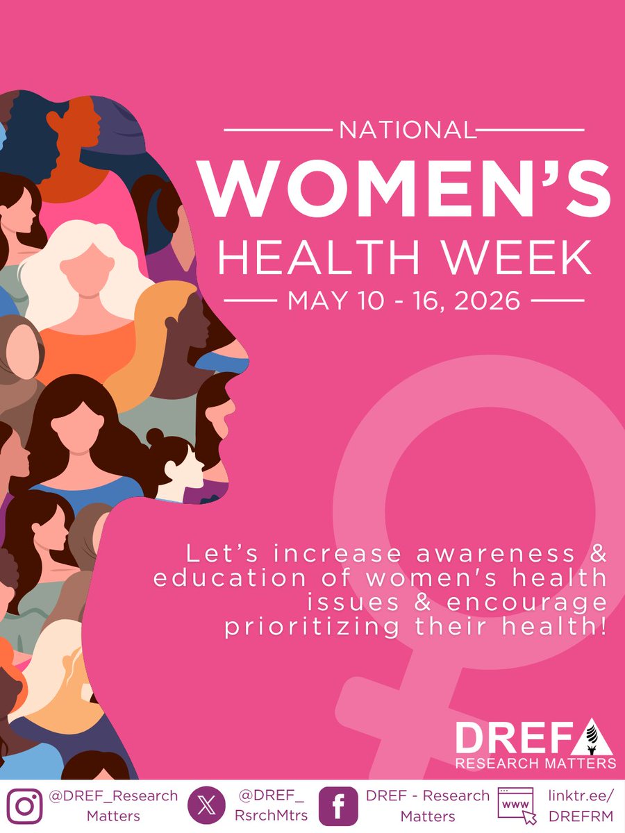 DREF_RsrchMtrs's tweet photo. Happy Women’s Health Week! 💕🩺🗓️ Join us as we celebrate women of all ages, through all parts of their life journey 👧🏾👩🏾👩🏾‍🦳 

Women’s Health Week aims to highlight women’s health issues and their priorities, while encouraging women of all ages to prioritize their physical, mental, and emotional well-being ❤️‍🩹 This year’s theme is “Prevention, Innovation, and Impact: A New Era in Women’s Health”, placing a special emphasis on prevention, early detection, and better health outcomes. Check back with us later this week to get some tips and learn some fun education concerning these topics and many more! 

Visit the link in our bio to see how you can make a difference in health research for women 🔬♥️ 

#womenshealth #researchmatters