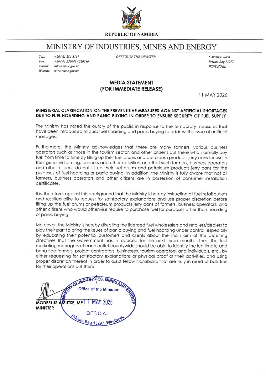 MIMEnamibia's tweet photo. OFFICIAL CLARIFICATION: Managing Bulk Fuel Purchases & Security of Supply

The Ministry of Industries, Mines and Energy (MIME) has heard the concerns regarding recent temporary measures to curb fuel hoarding and panic buying.

Key Update for Farmers, Tourism Operators, and Businesses:

The Ministry acknowledges that many Namibians require bulk fuel (drums and jerry cans) for legitimate farming, business, and operational activities. Therefore, the Minister has issued the following directives.

These measures are temporary (introduced for a three-month period) to prevent fuel hoarding and ensure that supply remains stable for all Namibians.

We urge all fuel wholesalers and retailers to educate their customers on these directives and support fellow Namibians truly in need of bulk fuel for their operations.

#MIME
