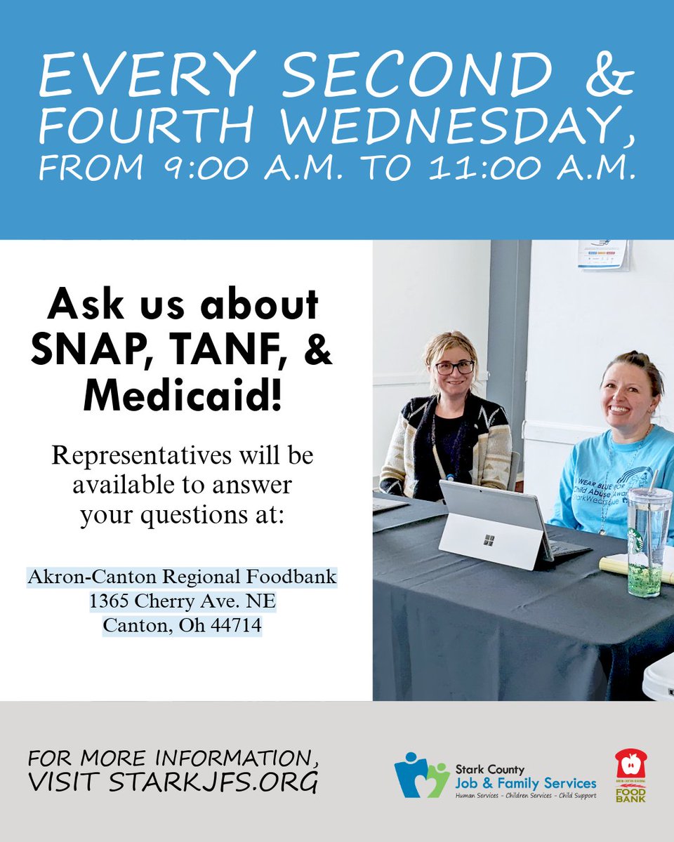 StarkCountyJFS's tweet photo. We will be at the Akron-Canton Regional Foodbank on May 13th from 9:00 a.m. to 11:00 a.m.! Stop by to apply for public assistance or ask about SNAP, TANF, &amp; Medicaid. https://t.co/dGLvWrQ4fz