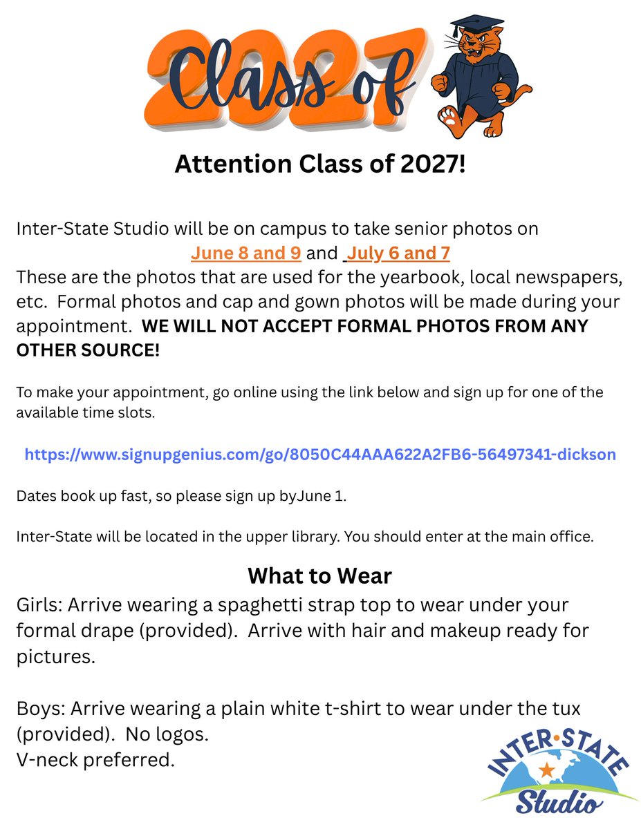 DCcougarnation's tweet photo. 📸 Class of 2027 Senior Portraits!

🗓 June 8–9 &amp; July 6–7
⏰ Sign up by June 1
📍 Upper Library
👉 https://t.co/hnUCavQaEQ
How to sign up:
Pick a time → Click Sign Up → Submit → Enter info → Get confirmation email

Questions? nakins@dcstn.org | 615-360-7200 https://t.co/jri6U5DNbc