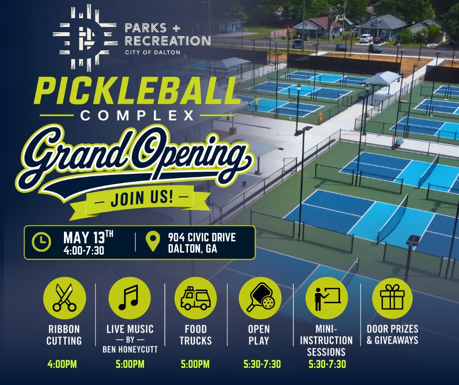 visitdalton's tweet photo. The countdown is on for the grand opening of the new Pickleball Complex!
Join us May 13 for the ribbon-cutting and opening celebration featuring live music, food trucks, giveaways, Kona Ice, beginner instruction, and open play on the brand-new 15-court facility. https://t.co/7cuOfTWg9Y
